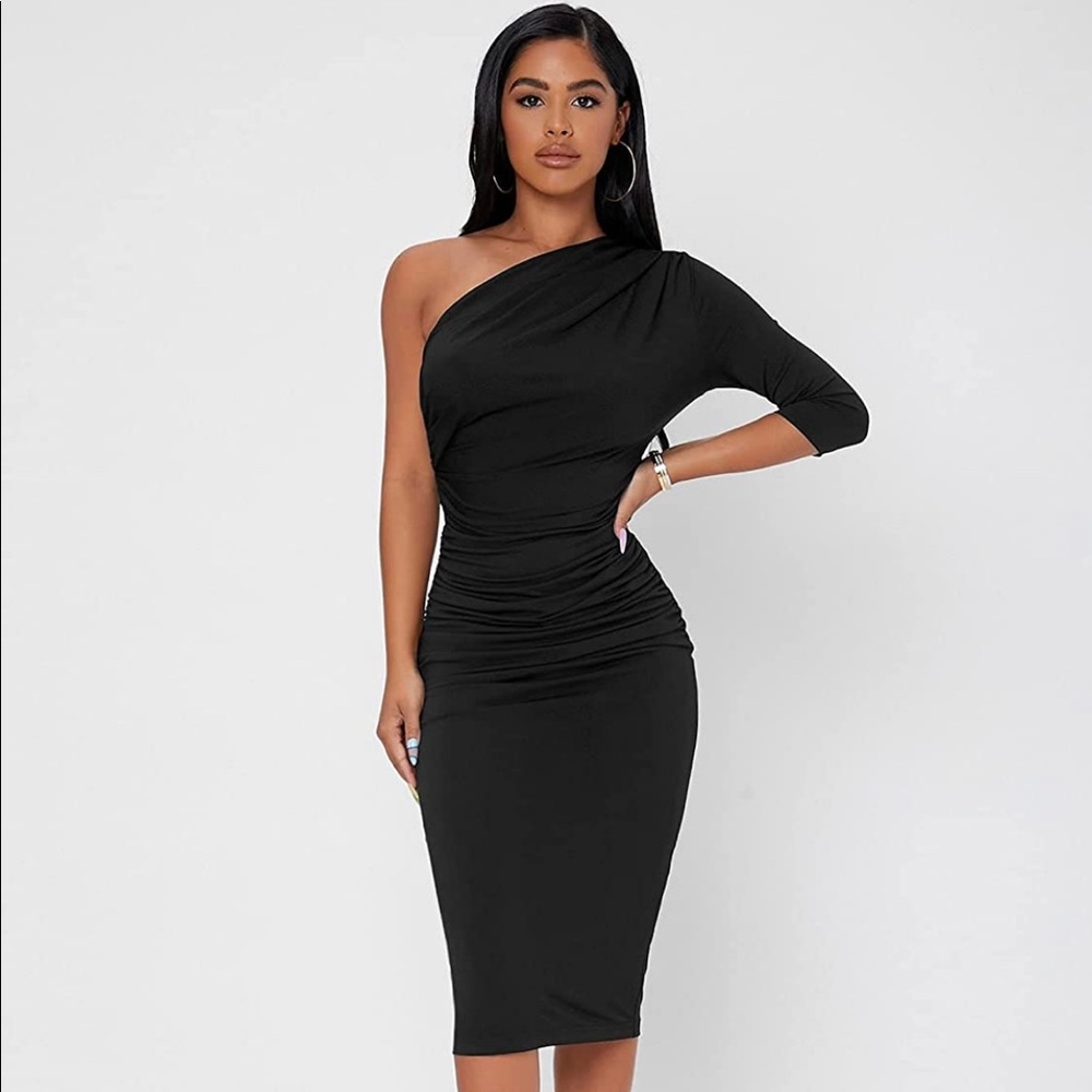 Ruched One Shoulder Bodycon Midi Dress 3/4 Sleeve Pencil Dresses